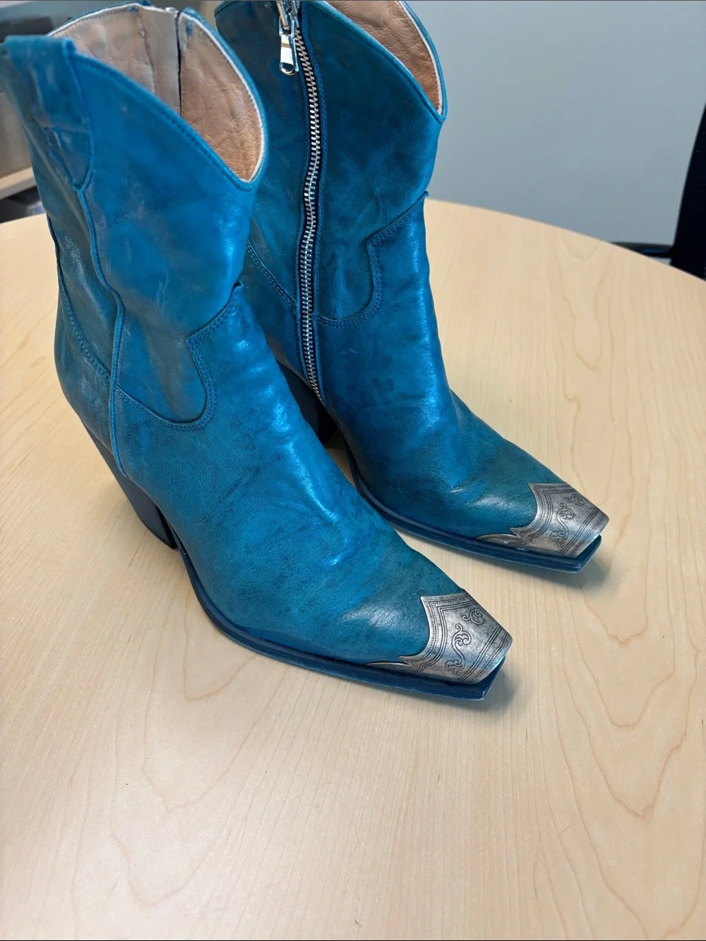 Free People Vero Cuoio Teal Italian Leather Western Boots with Silver Toe Caps - Picture 1 of 8